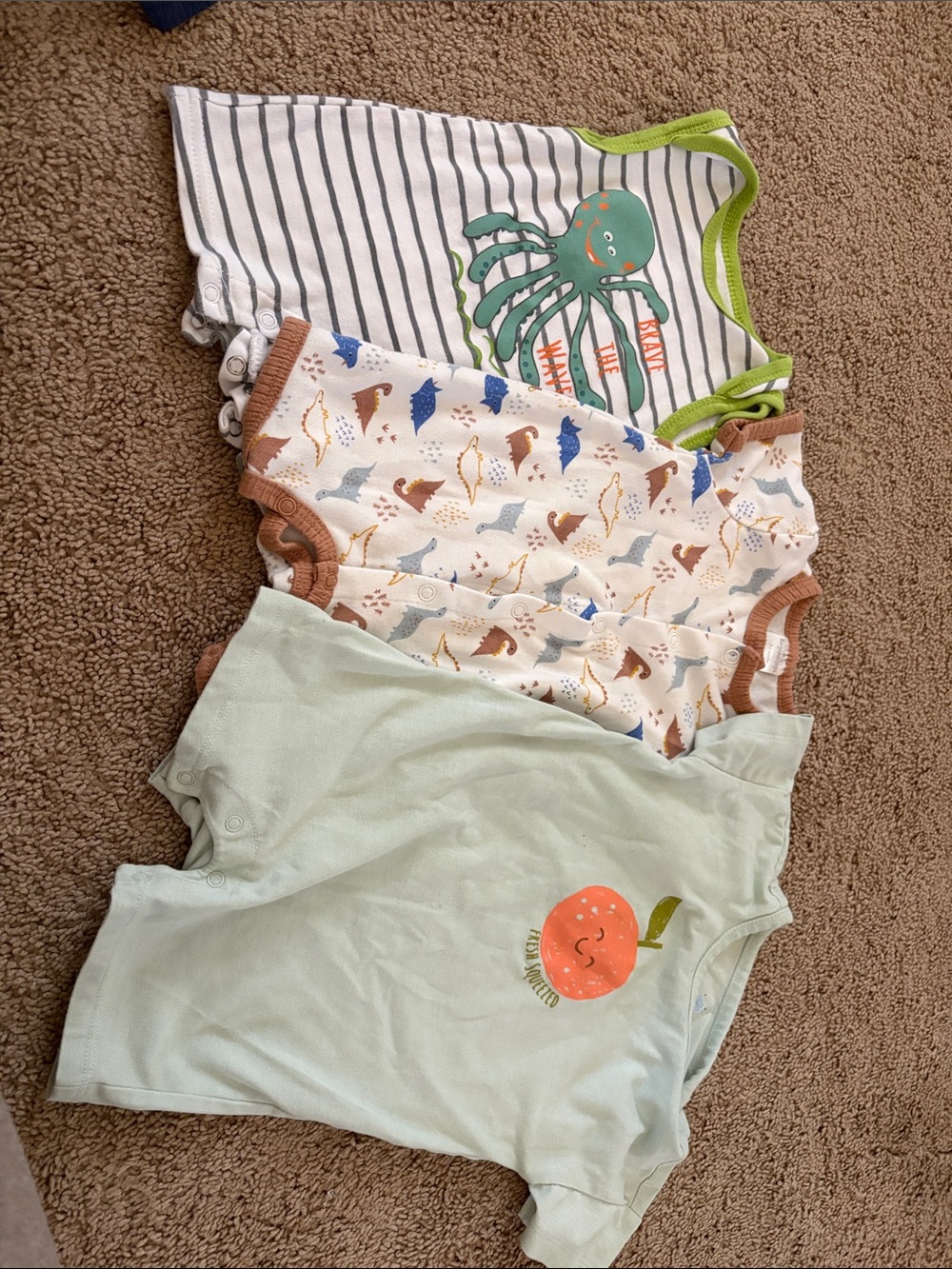 Light Green, White & Brown Baby One-Piece Rompers (3-Pack)